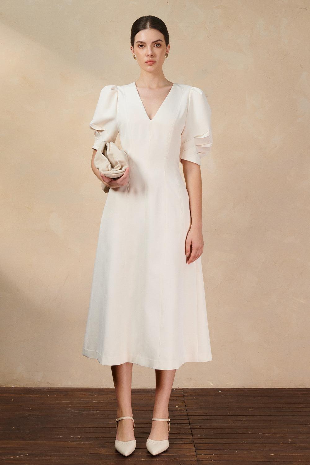 Ulanni A-line V-Neck Twill Midi Dress - MEAN BLVD