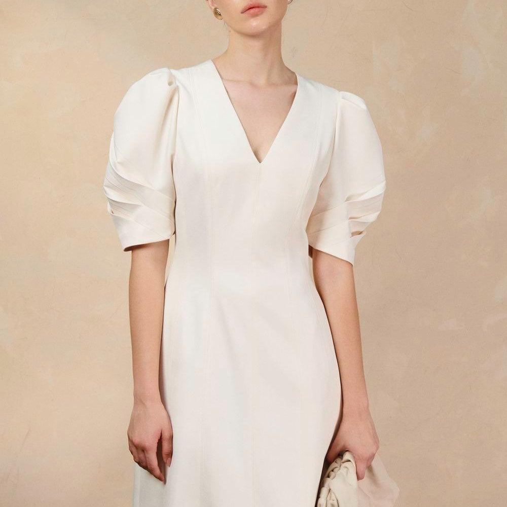 Ulanni A-line V-Neck Twill Midi Dress - MEAN BLVD