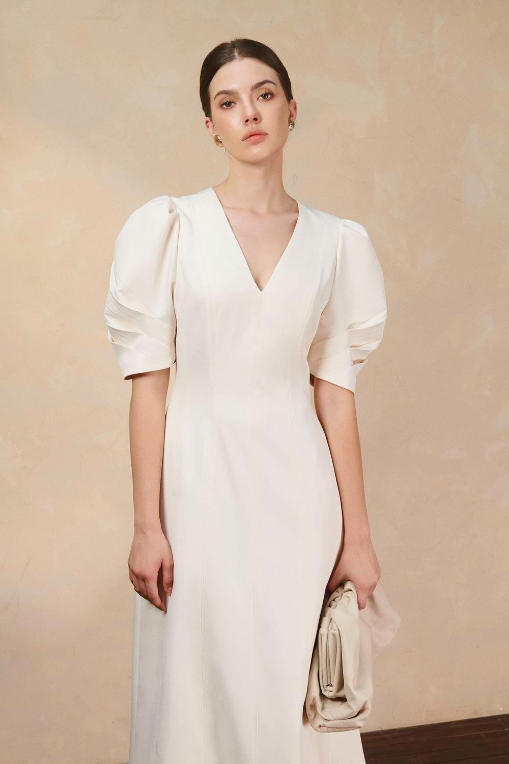 Ulanni A-line V-Neck Twill Midi Dress - MEAN BLVD