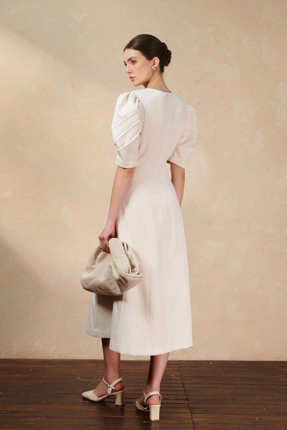 Ulanni A-line V-Neck Twill Midi Dress - MEAN BLVD