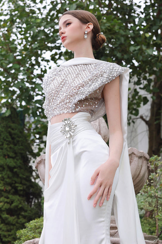 Celestial Wrap Stone Silk Floor Length Dress