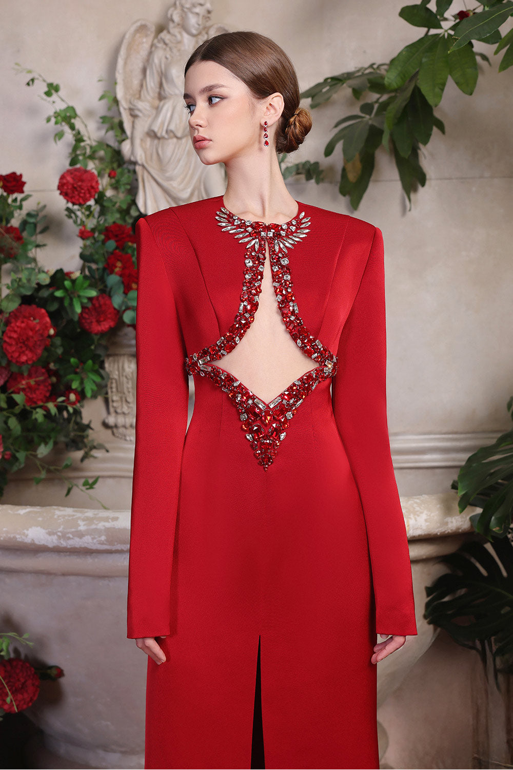 Fiery Sheath Cut-Out Taffeta Ankle Length Dress