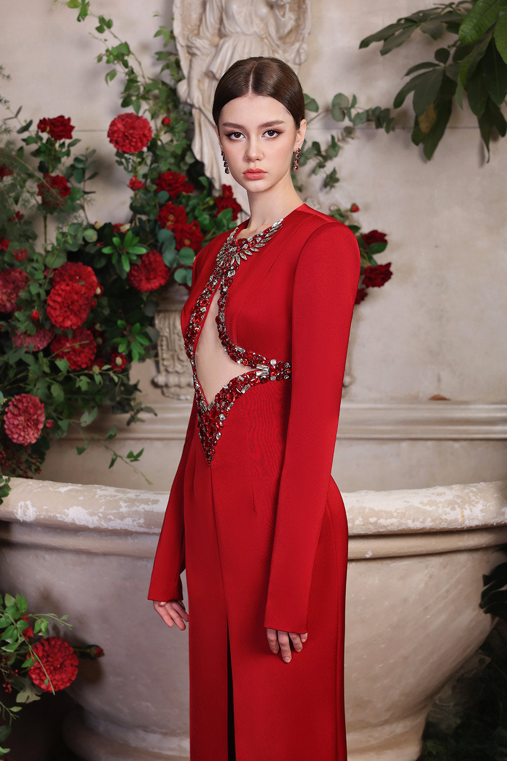 Fiery Sheath Cut-Out Taffeta Ankle Length Dress