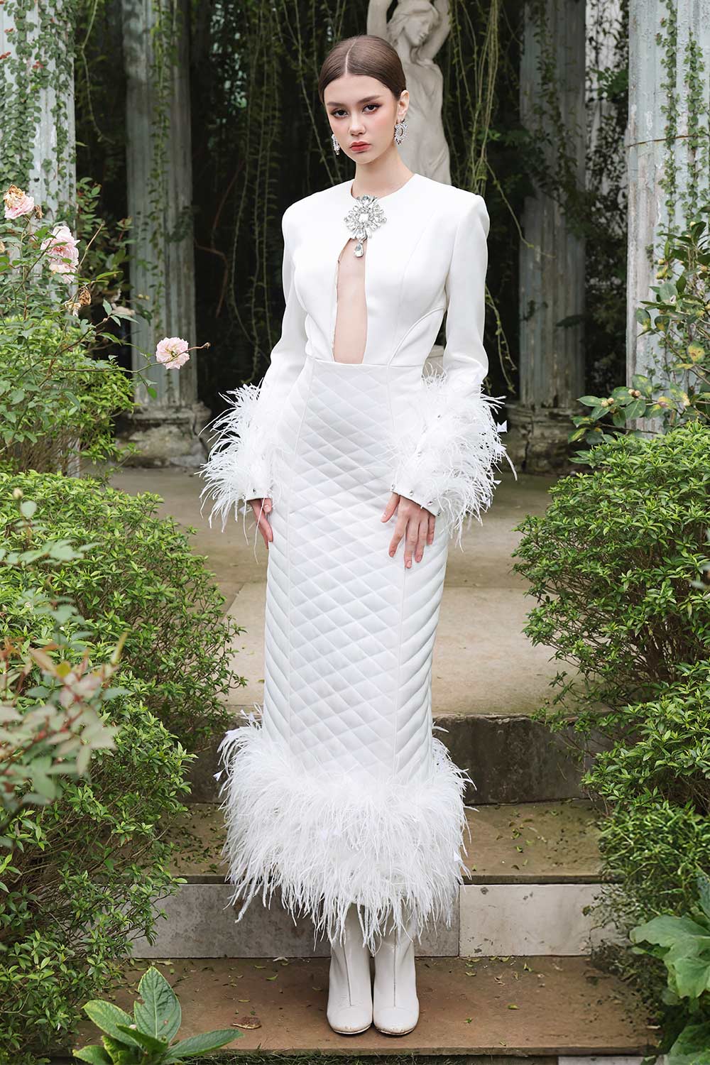 Crystal Sheath Fringed Taffeta Ankle Length Dress