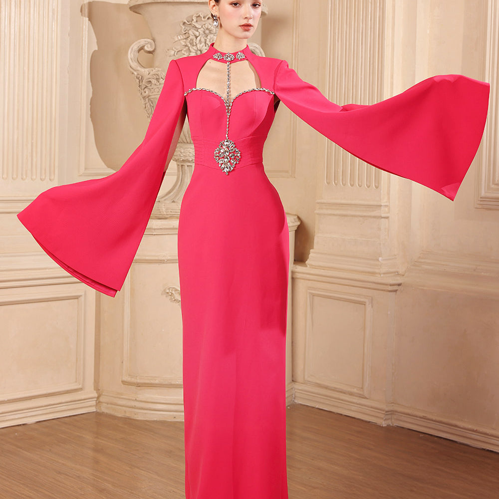 Garnet Sheath Cape Sleeved Twill Floor Length Dress