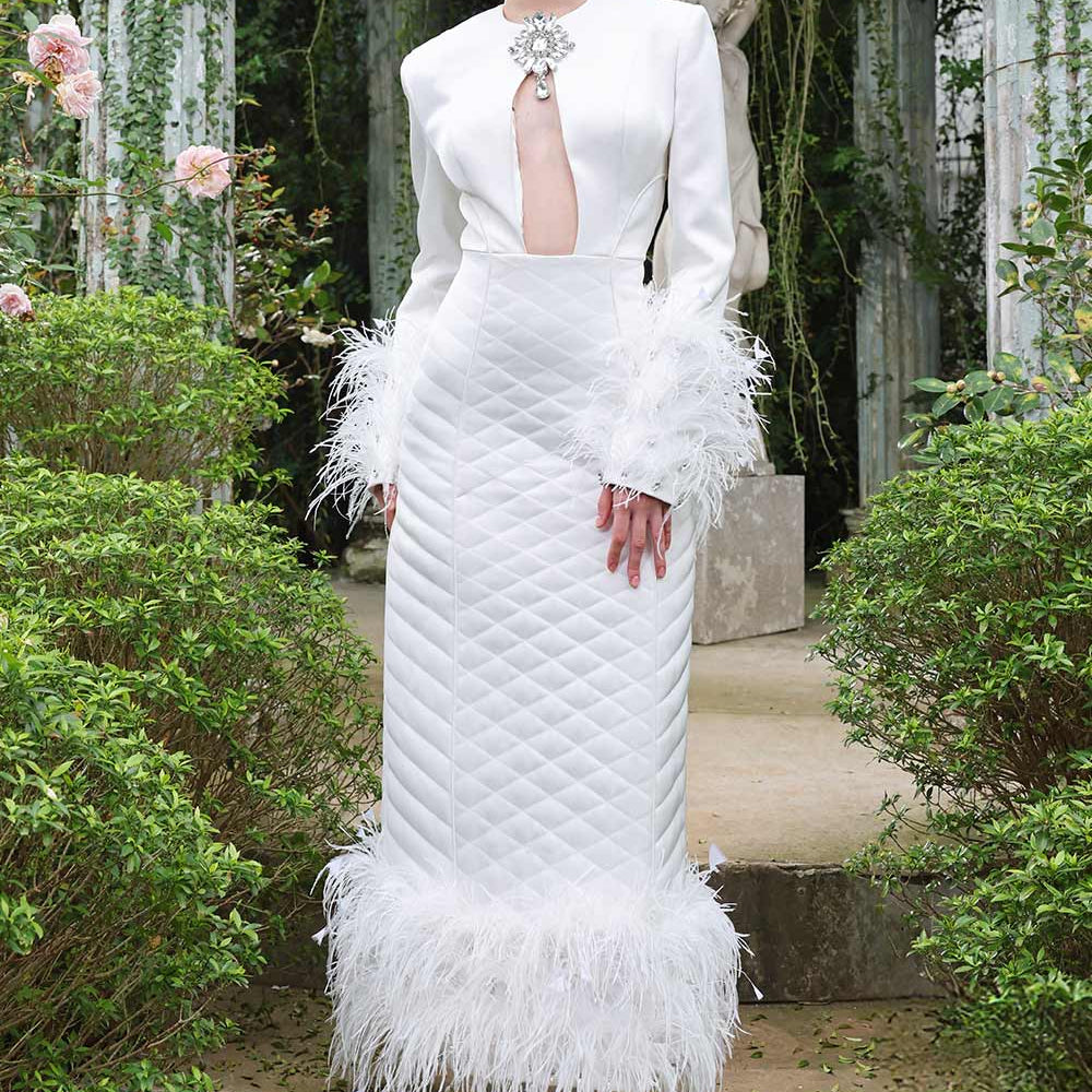 Crystal Sheath Fringed Taffeta Ankle Length Dress