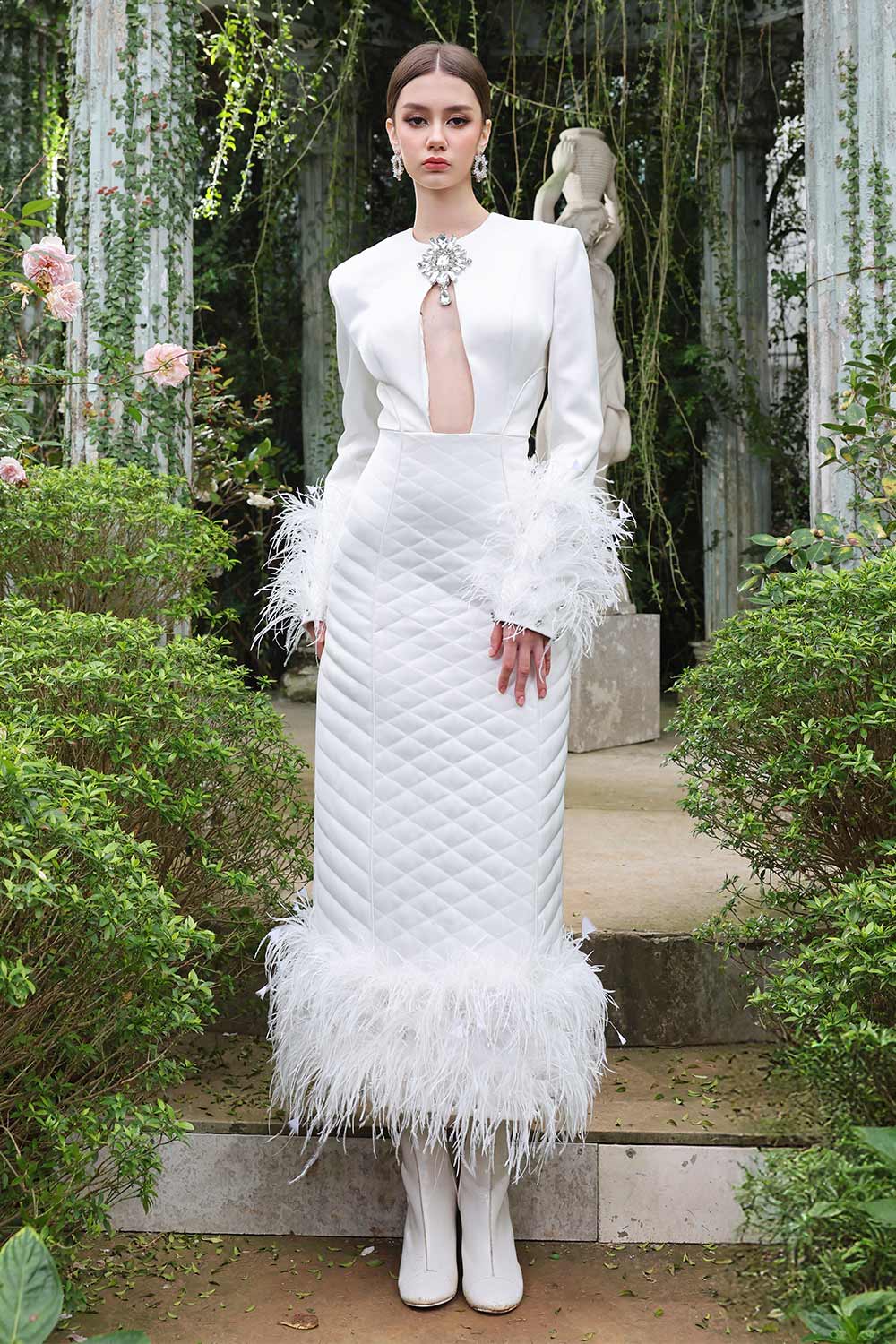 Women's Crystal Sheath Fringed Taffeta Ankle Length Dress S/M/L/Customize White MEAN BLVD White / M