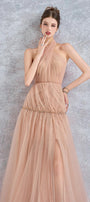 Uranette Gathered Criss Cross Neck Mesh Floor Length Dress - MEAN BLVD