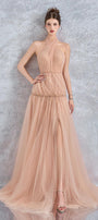 Uranette Gathered Criss Cross Neck Mesh Floor Length Dress - MEAN BLVD