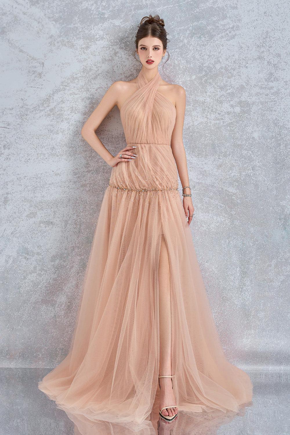 Uranette Gathered Criss Cross Neck Mesh Floor Length Dress - MEAN BLVD