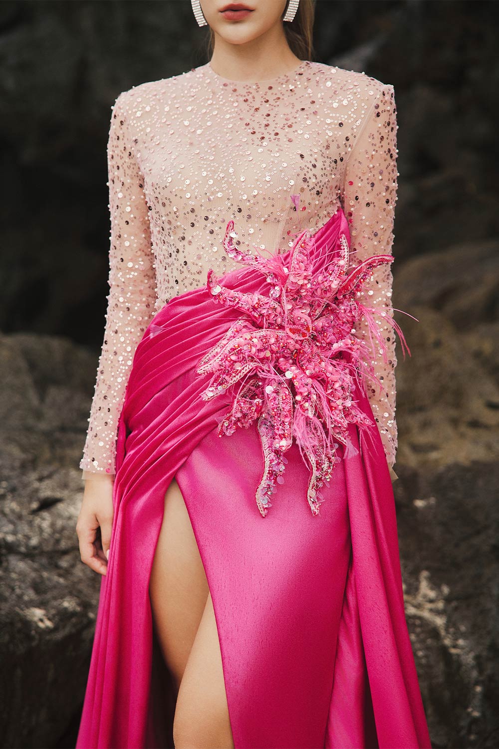 Ila Slit Sequin Duchess Satin Floor Length Dress