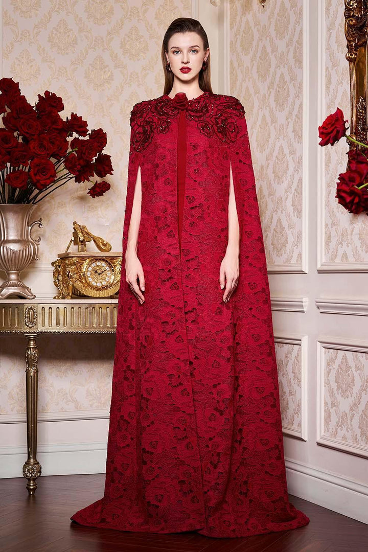 Vada Sheath Cape Sleeved Lace Floor Length Dress - MEAN BLVD