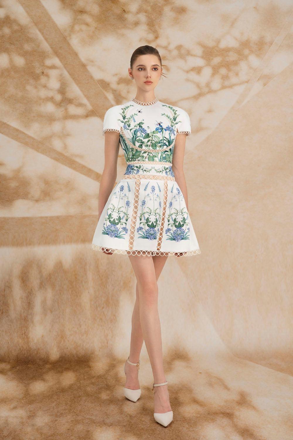 Women's Valentina A-line Short Sleeved Silk Satin Mini Dress S/M/L/Customize White&Green Floral MEAN BLVD, S / White&Green / Floral