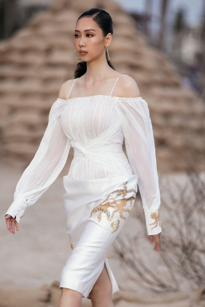 Valentina Pencil Cold Shoulder Sleeved Taffeta Midi Dress - MEAN BLVD