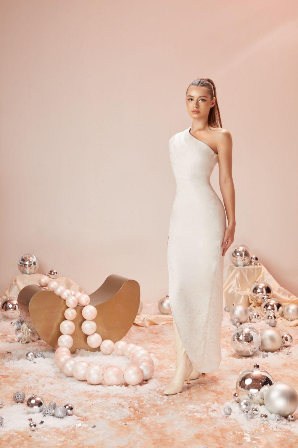 Vanilla Asymmetric Side Slit Brocade Ankle Length Dress - MEAN BLVD