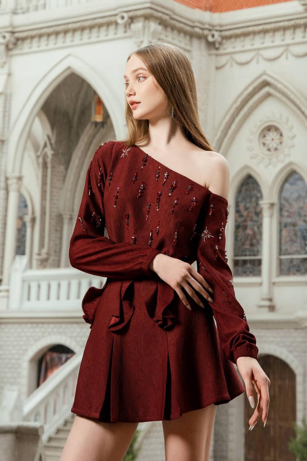 Women's Varis A-line Box Pleated Ribbed Velvet Mini Skirt S/M/L Red ...