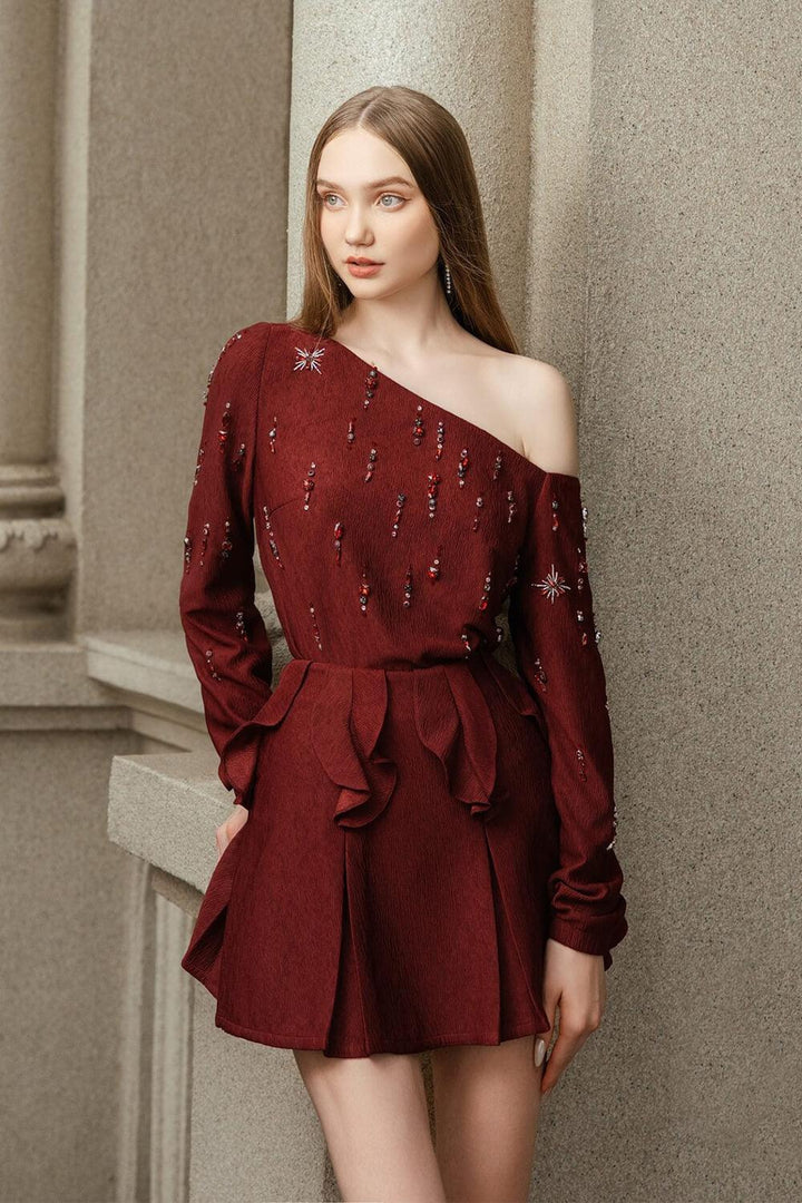 Women's Varis A-line Box Pleated Ribbed Velvet Mini Skirt S/M/L Red ...