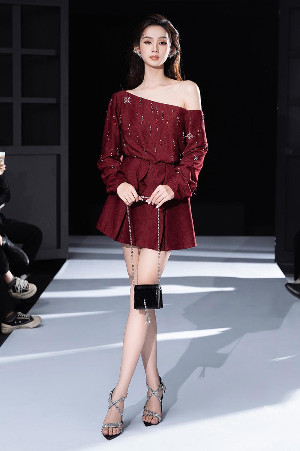 Women's Varis A-line Box Pleated Ribbed Velvet Mini Skirt S/M/L Red ...