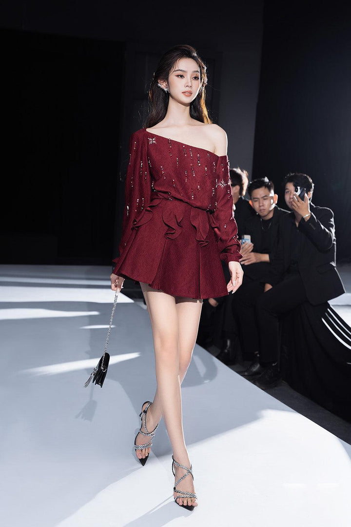 Women's Varis A-line Box Pleated Ribbed Velvet Mini Skirt S/M/L Red ...