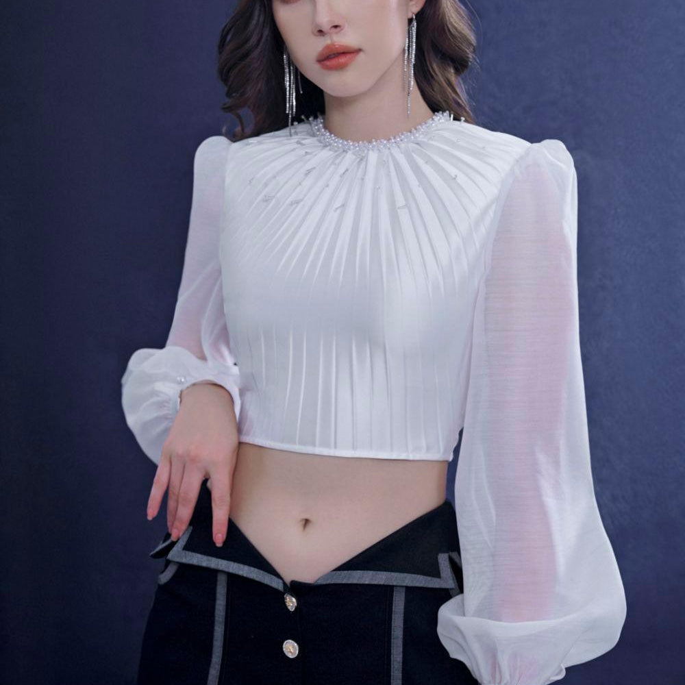 Veloura Cropped Round Neck Silk Chiffon Top - MEAN BLVD