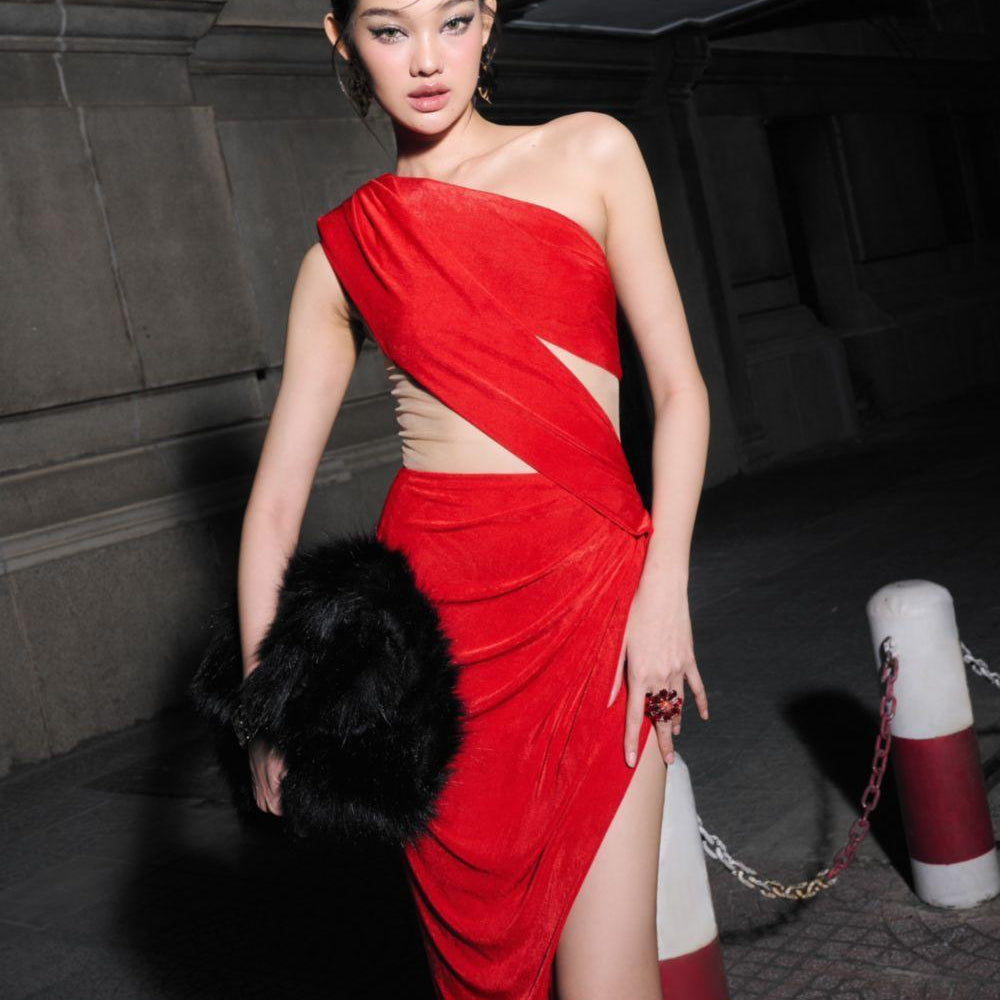 Veronica Asymmetric Slit Hem Mesh Spandex Floor Length Dress - MEAN BLVD