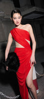 Veronica Asymmetric Slit Hem Mesh Spandex Floor Length Dress - MEAN BLVD