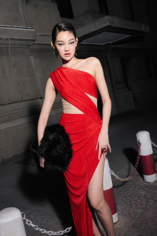 Veronica Asymmetric Slit Hem Mesh Spandex Floor Length Dress - MEAN BLVD