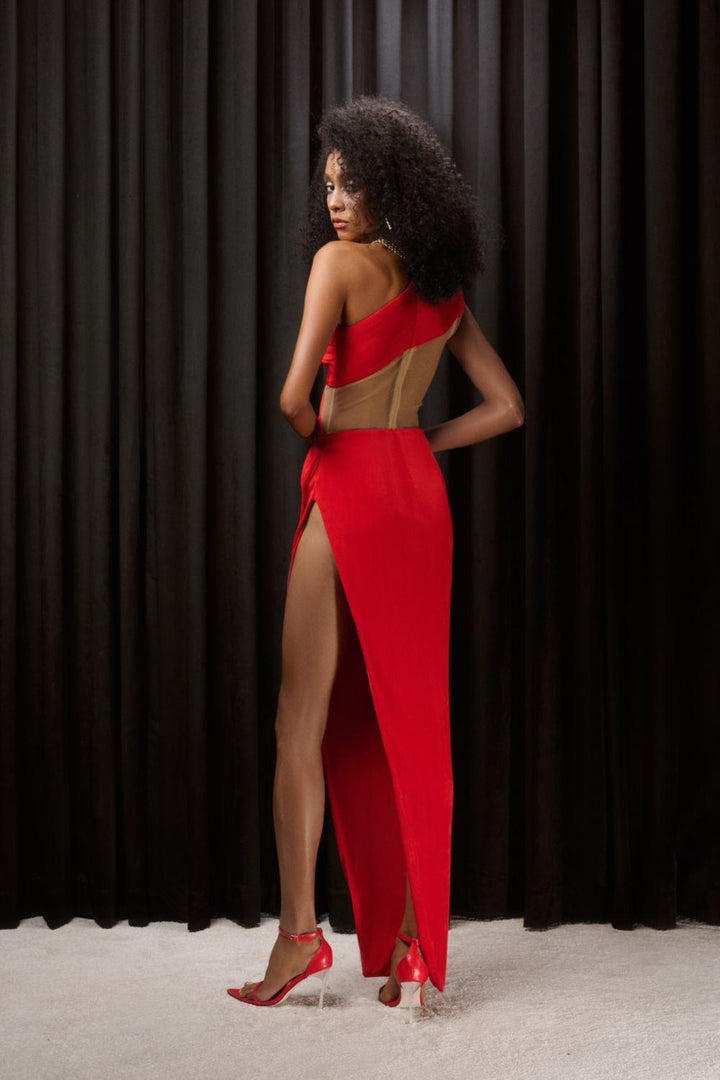 Veronica Asymmetric Slit Hem Mesh Spandex Floor Length Dress - MEAN BLVD