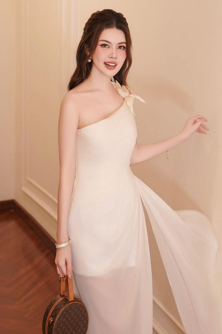 Vespera Slit One Shoulder Silk Calf Length Dress - MEAN BLVD