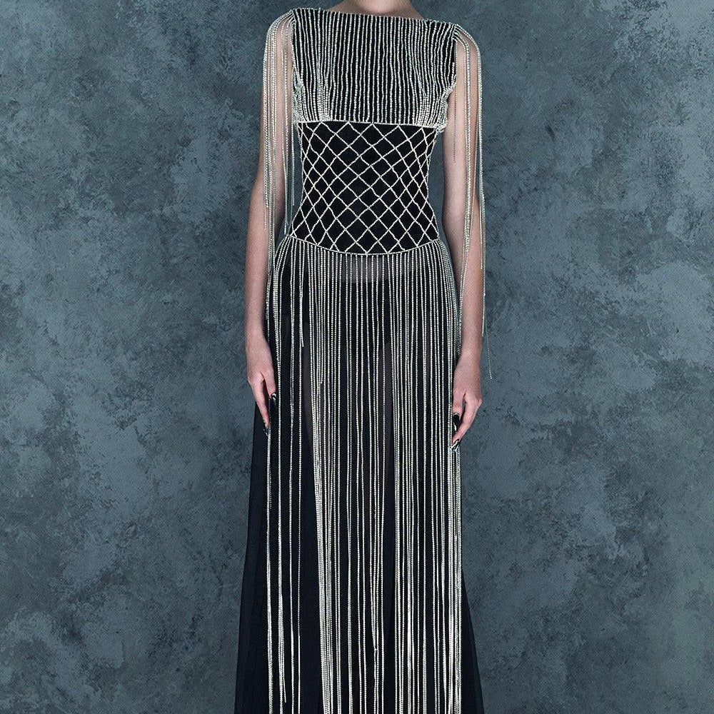 Vespertine Sheath Boat Neck Mesh Floor Length Dress - MEAN BLVD