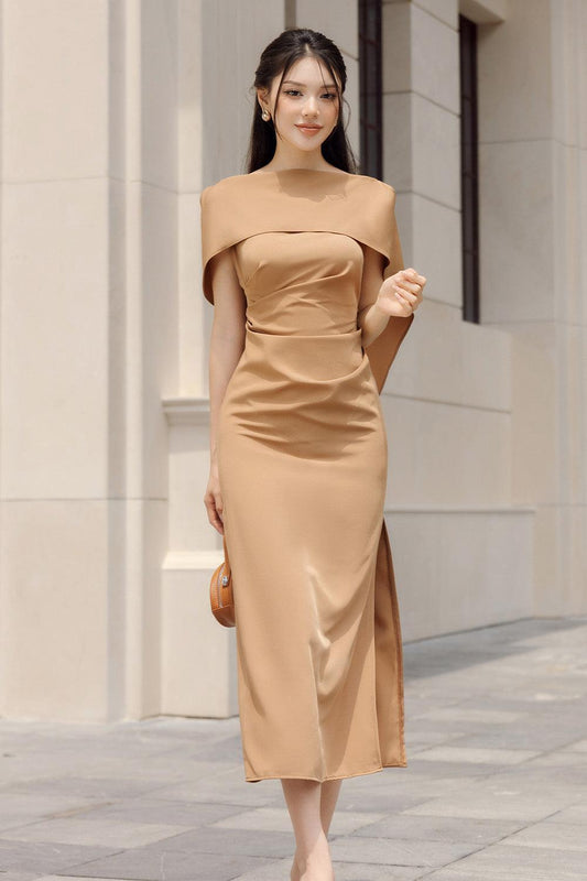 Vesta Sheath Side Slit Satin Midi Dress - MEAN BLVD