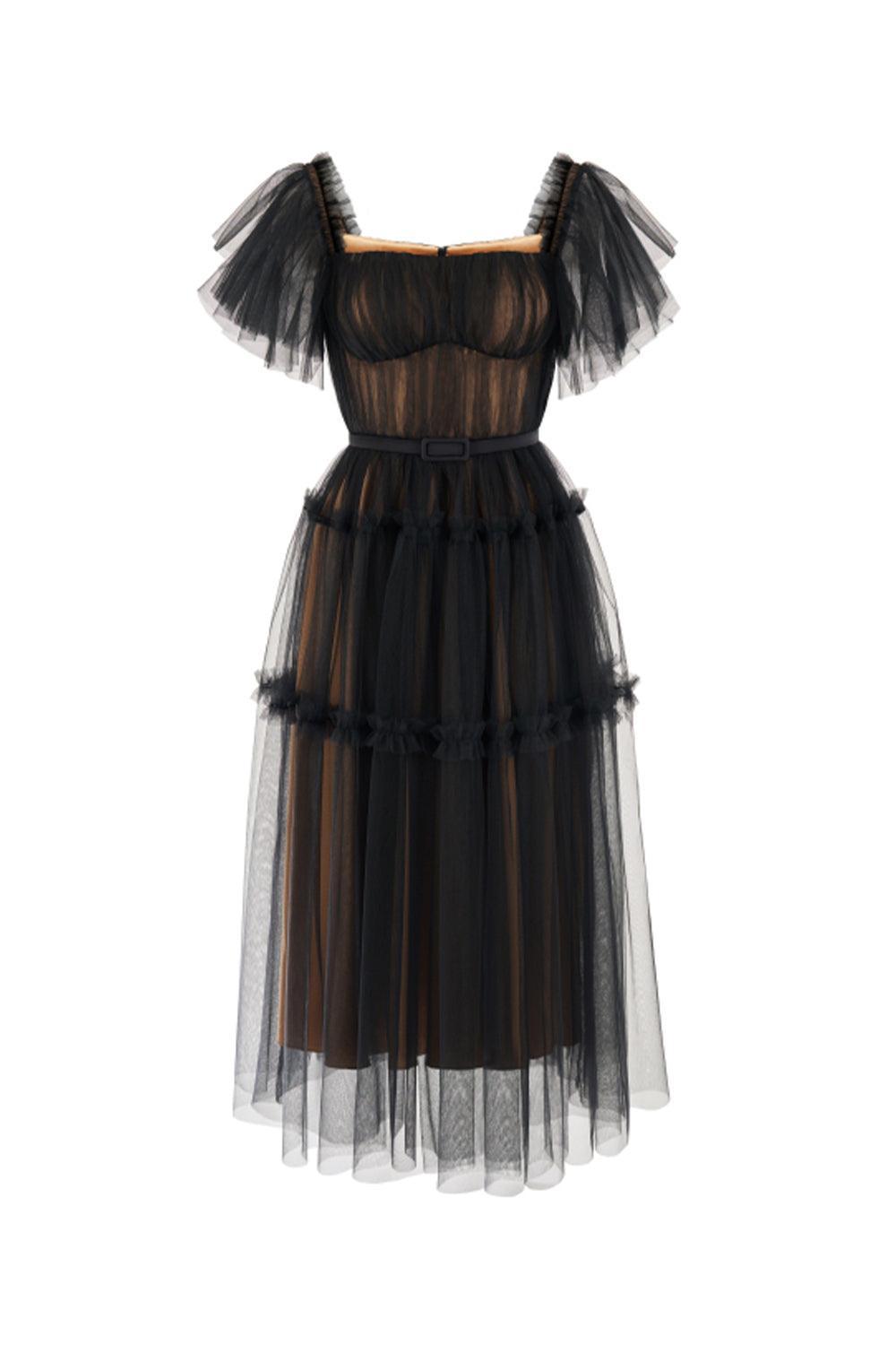Viana Gathered Square Neck Tulle Midi Dress - MEAN BLVD