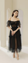 Viana Gathered Square Neck Tulle Midi Dress - MEAN BLVD