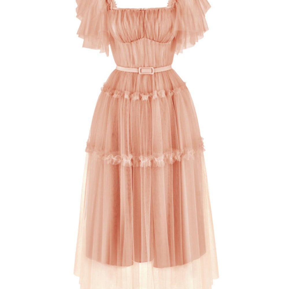 Viana Gathered Square Neck Tulle Midi Dress - MEAN BLVD