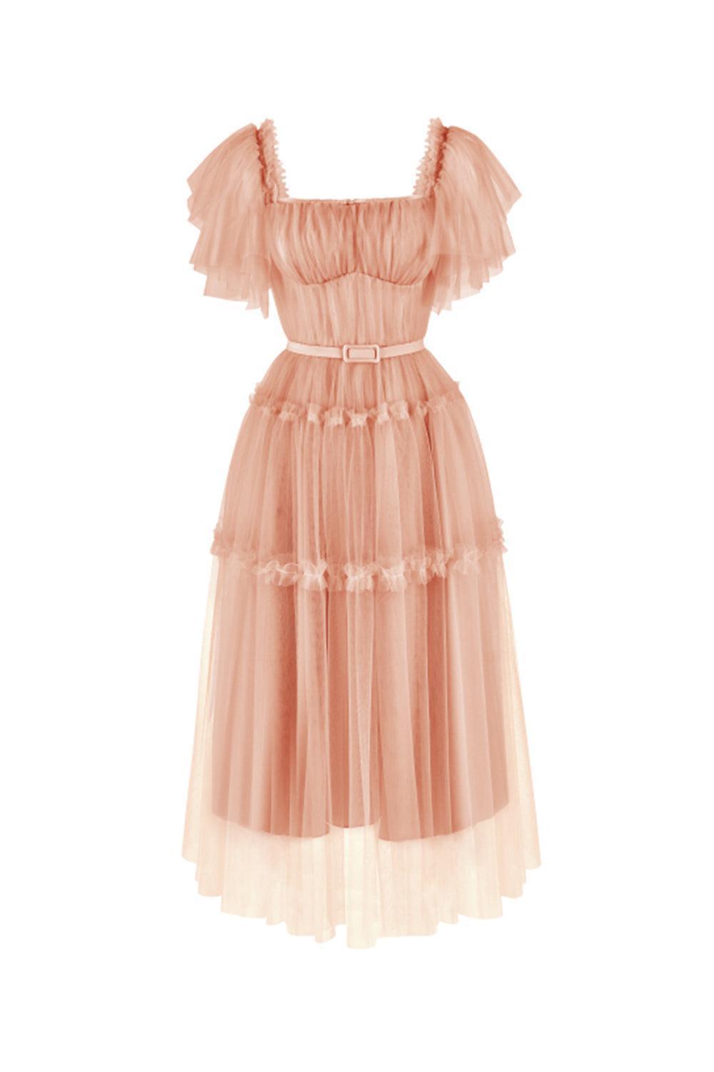 Viana Gathered Square Neck Tulle Midi Dress - MEAN BLVD