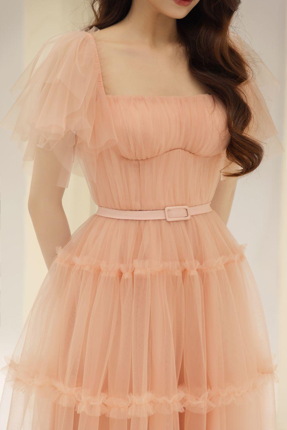 Viana Gathered Square Neck Tulle Midi Dress - MEAN BLVD