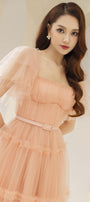 Viana Gathered Square Neck Tulle Midi Dress - MEAN BLVD