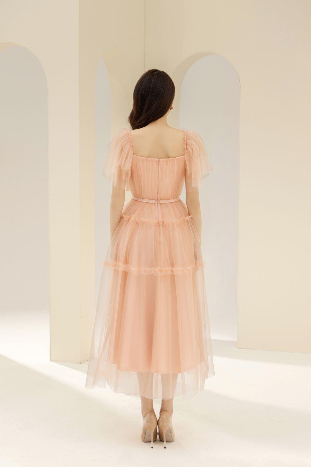 Viana Gathered Square Neck Tulle Midi Dress - MEAN BLVD