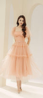 Viana Gathered Square Neck Tulle Midi Dress - MEAN BLVD