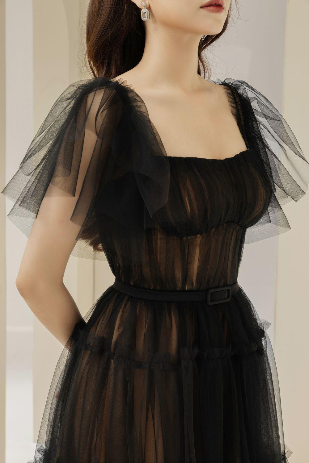 Viana Gathered Square Neck Tulle Midi Dress - MEAN BLVD