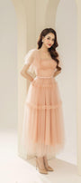 Viana Gathered Square Neck Tulle Midi Dress - MEAN BLVD