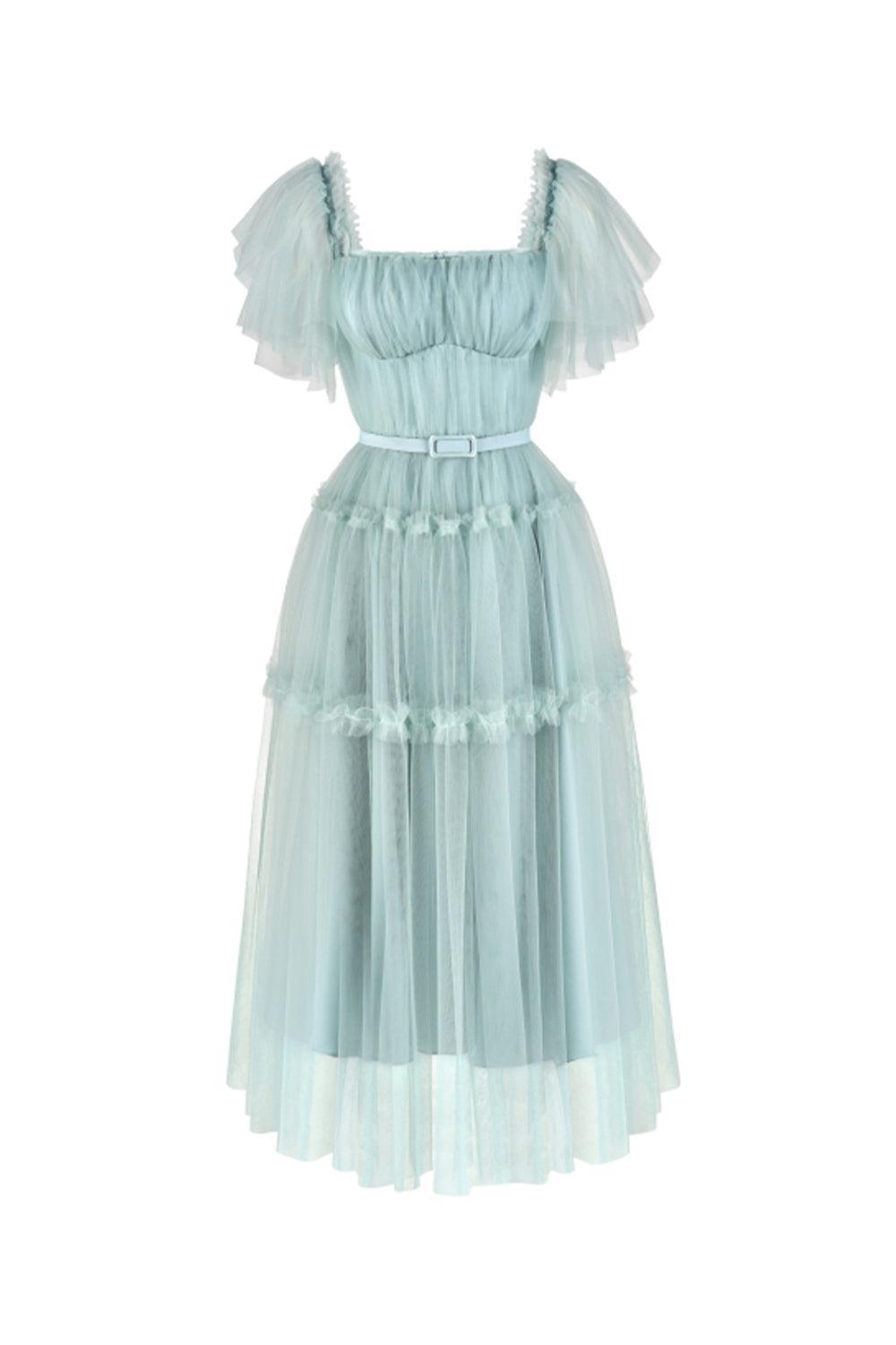 Viana Gathered Square Neck Tulle Midi Dress - MEAN BLVD
