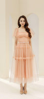 Viana Gathered Square Neck Tulle Midi Dress - MEAN BLVD