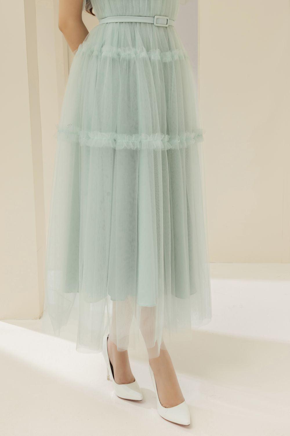 Viana Gathered Square Neck Tulle Midi Dress - MEAN BLVD