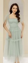 Viana Gathered Square Neck Tulle Midi Dress - MEAN BLVD