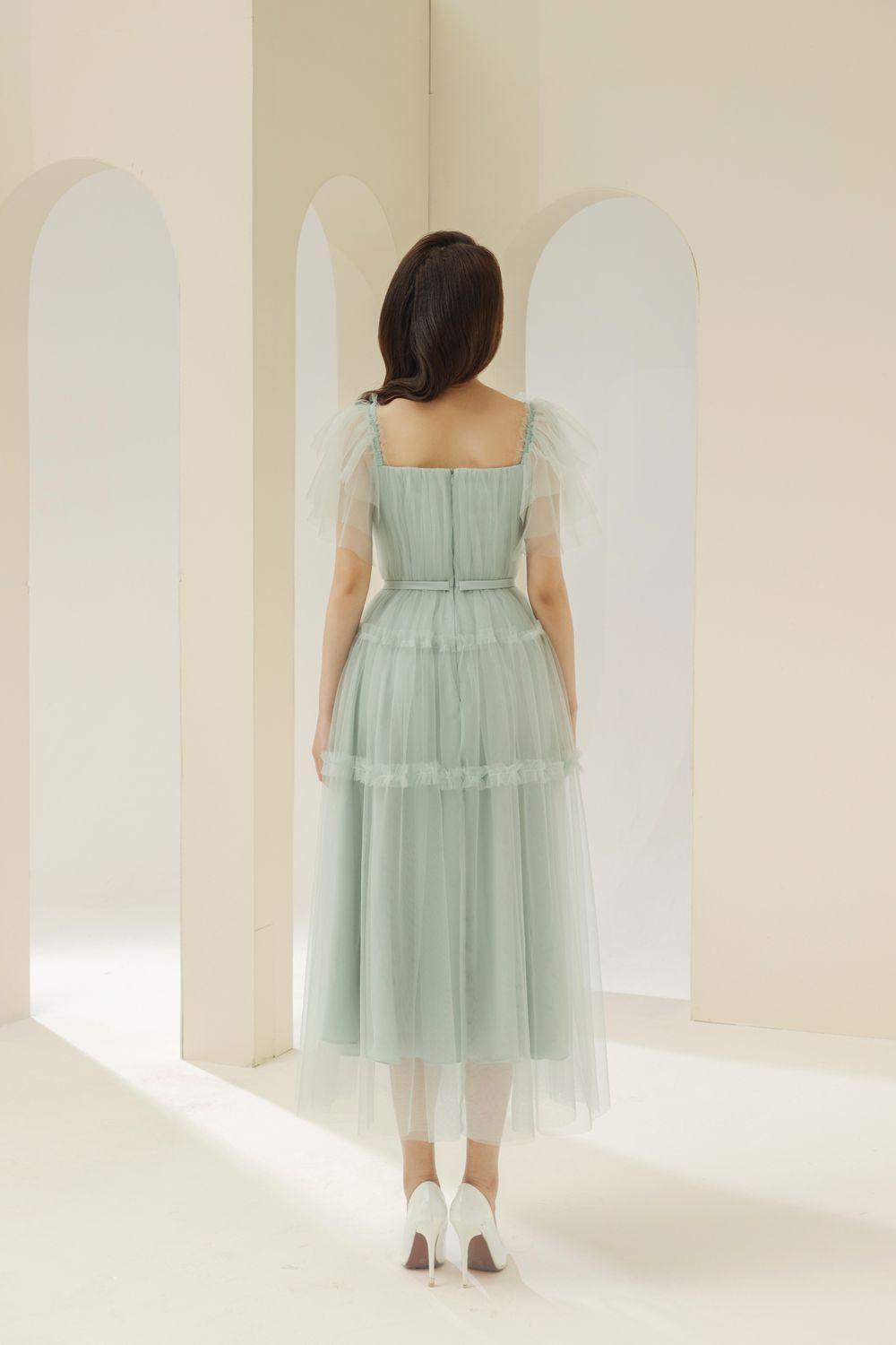 Viana Gathered Square Neck Tulle Midi Dress - MEAN BLVD