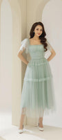 Viana Gathered Square Neck Tulle Midi Dress - MEAN BLVD