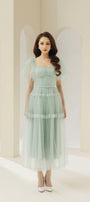 Viana Gathered Square Neck Tulle Midi Dress - MEAN BLVD