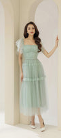 Viana Gathered Square Neck Tulle Midi Dress - MEAN BLVD