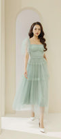 Viana Gathered Square Neck Tulle Midi Dress - MEAN BLVD